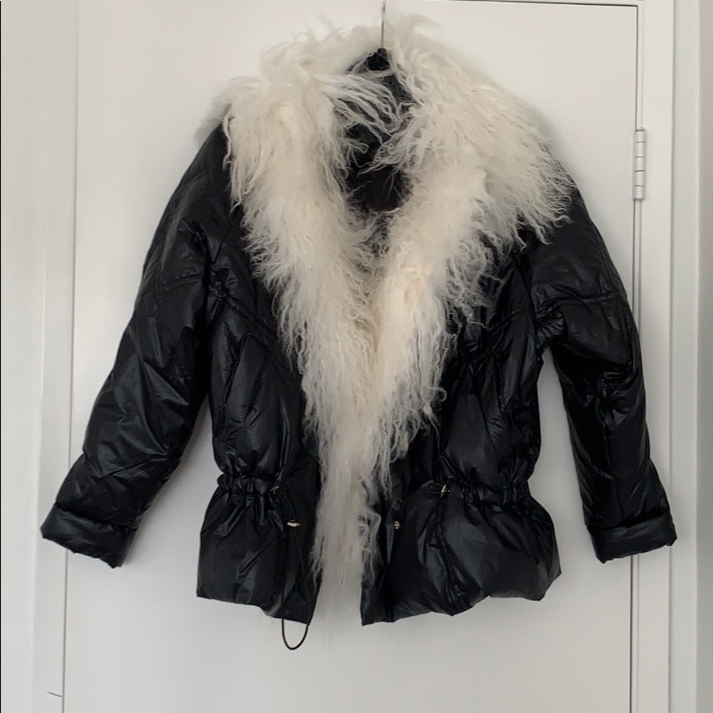 Black puffer coat with faux Mongolian fur trim